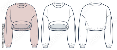 Unisex Crop Sweatshirt technical fashion illustration. Asymmetrical Sweatshirt fashion flat technical drawing template, front and back view, white, mocha color, women, men, unisex CAD mockup set.