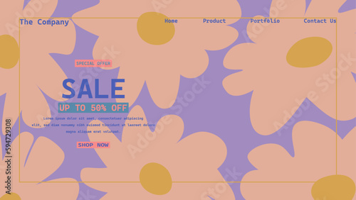 Hand drawn retro abstract organic floral spring landing page template, Creative horizontal website screen in a trendy vintage 70s style. Y2k aesthetic.