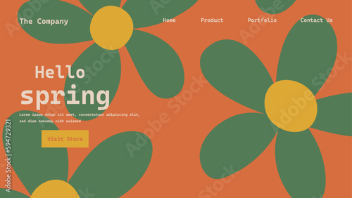Hand drawn retro abstract organic floral spring landing page template, Creative horizontal website screen in a trendy vintage 70s style. Y2k aesthetic.