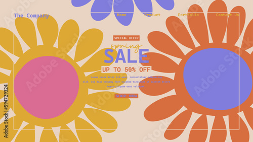 Hand drawn retro abstract organic floral spring landing page template, Creative horizontal website screen in a trendy vintage 70s style. Y2k aesthetic.