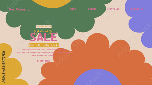 Hand drawn retro abstract organic floral spring landing page template, Creative horizontal website screen in a trendy vintage 70s style. Y2k aesthetic.