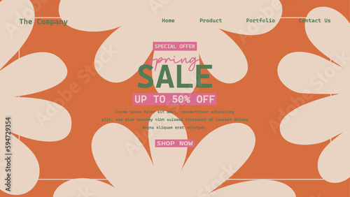 Hand drawn retro abstract organic floral spring landing page template, Creative horizontal website screen in a trendy vintage 70s style. Y2k aesthetic.