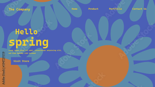 Hand drawn retro abstract organic floral spring landing page template, Creative horizontal website screen in a trendy vintage 70s style. Y2k aesthetic.