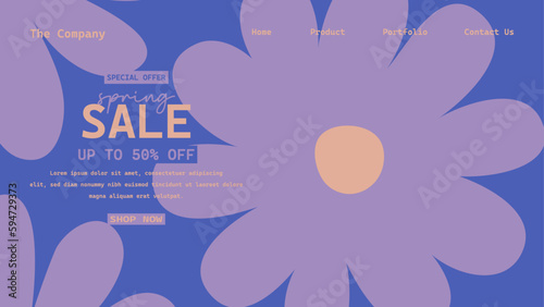 Hand drawn retro abstract organic floral spring landing page template, Creative horizontal website screen in a trendy vintage 70s style. Y2k aesthetic.