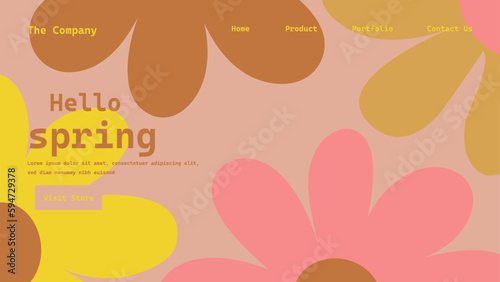 Hand drawn retro abstract organic floral spring landing page template, Creative horizontal website screen in a trendy vintage 70s style. Y2k aesthetic.