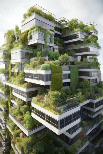 Office city buildings with lots of plants. Generative AI