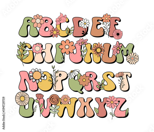 Boho groovy floral alphabet letters font. Vector illustration.