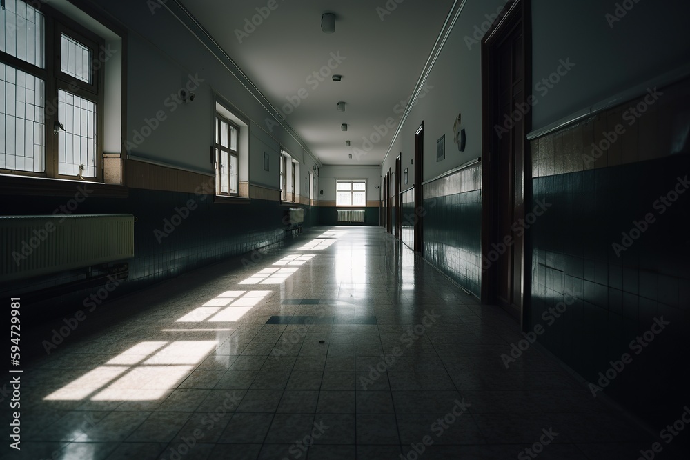 Photo of an empty hallway in school Photo of an empty hallway in school