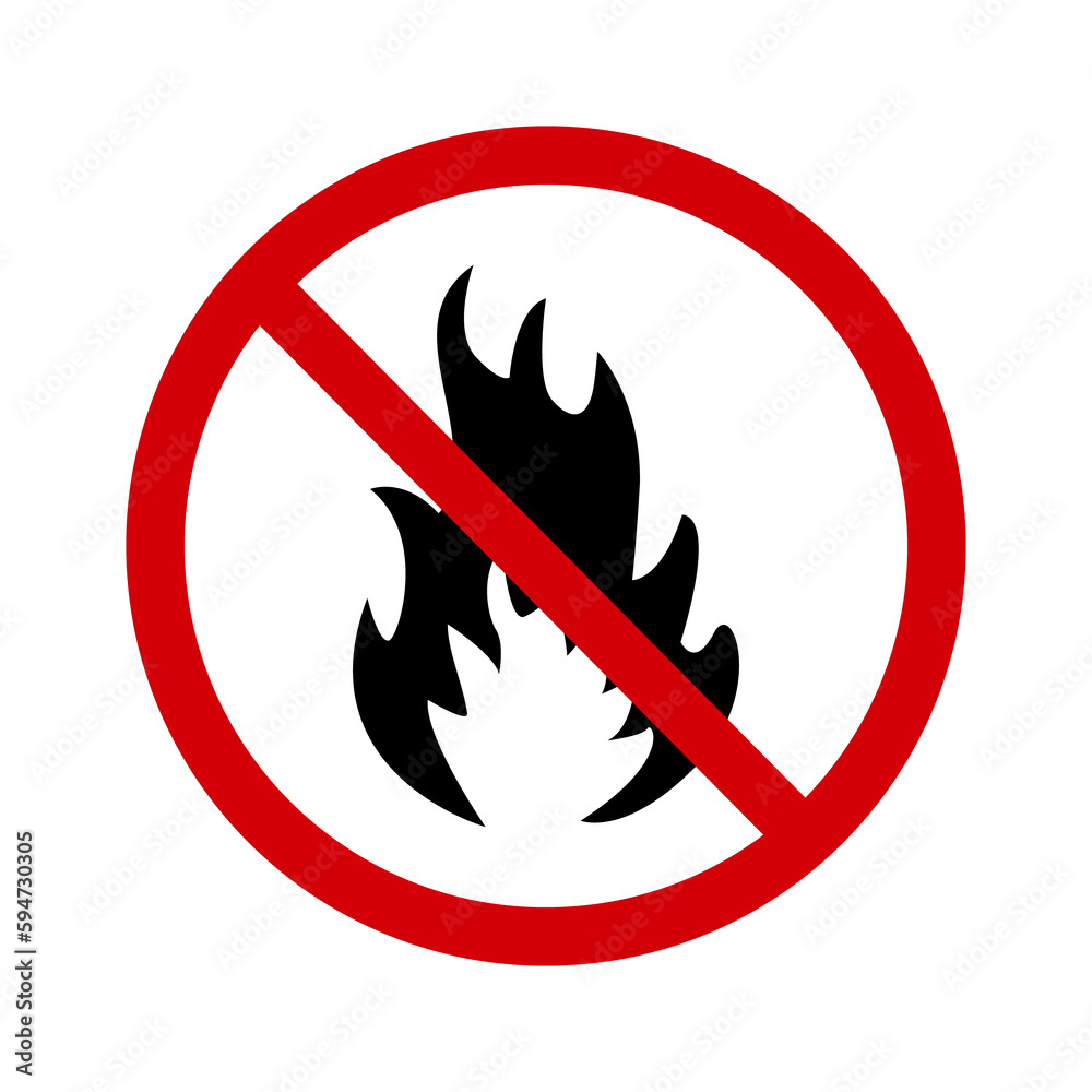 No fire sign. Prohibition sign No fire. Sign of a red crossed circle with a silhouette of a flame inside. Campfire sign prohibited. Round red sign. No campfire sign. No fire sign. Prohibition sign No fire. Sign of a red crossed circle with a silhouette of a flame inside. Campfire sign prohibited. Round red sign. No campfire sign.