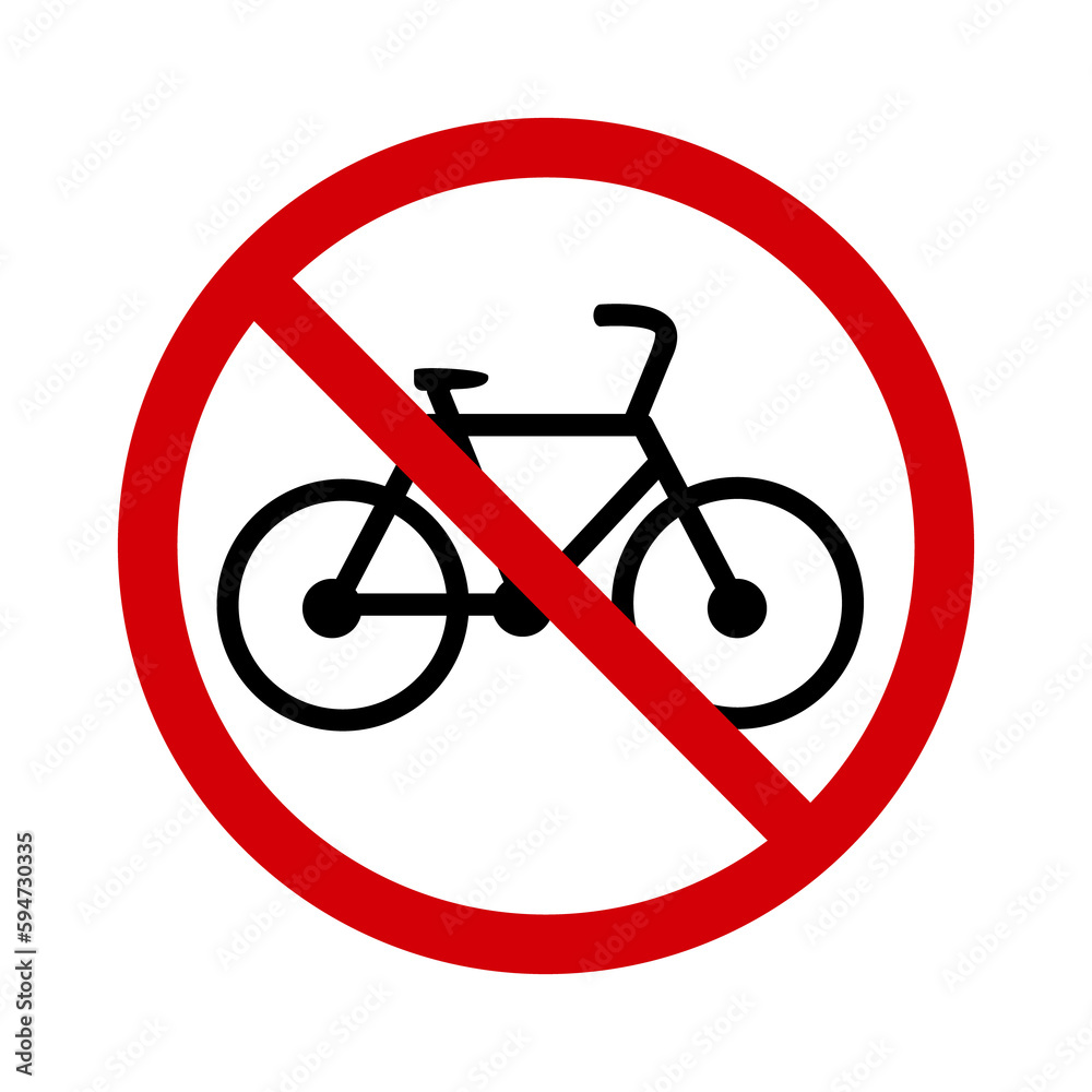 No bike sign. Prohibition sign do not ride a bike. The sign is a red crossed out circle with a silhouette of a bicycle inside. Cycling is not allowed. Bicycle ban. Round red bike stop sign. No bike sign. Prohibition sign do not ride a bike. The sign is a red crossed out circle with a silhouette of a bicycle inside. Cycling is not allowed. Bicycle ban. Round red bike stop sign.