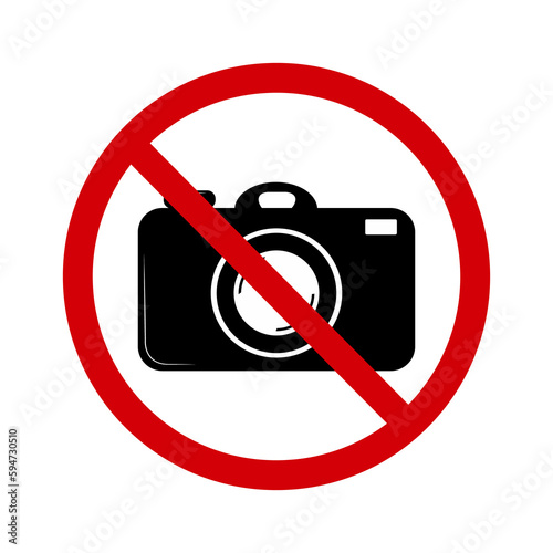 No photography sign. Prohibition sign, no photography. Red slashed circle with photo camera silhouette inside. Photo camera is not allowed. Photography ban. Round red stop photographing sign.