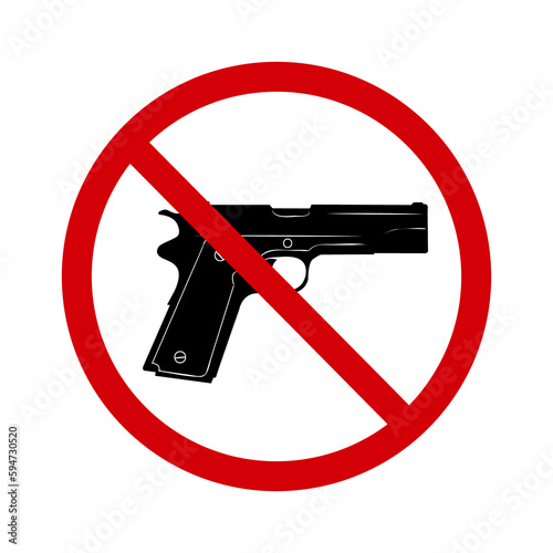 No weapons sign. Prohibition sign, do not carry weapons. Red crossed circle with silhouette of pistol inside. Pistol not allowed. Weapon ban. Round red stop weapon sign. photo