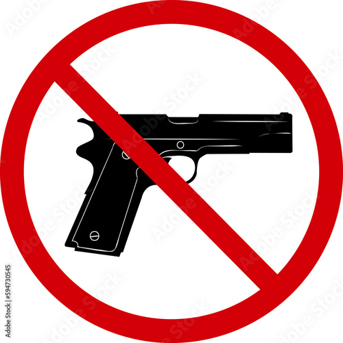 No weapons sign. Prohibition sign, do not carry weapons. Red crossed circle with silhouette of pistol inside. Pistol not allowed. Weapon ban. Round red stop weapon sign.