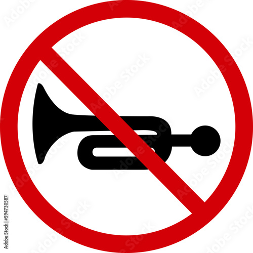 No road horn sign. Prohibition sign, no car signal. Red crossed circle with a silhouette of a trumpet horn inside. The signal is not allowed. No loud noise. Round red sign stop car signal.
