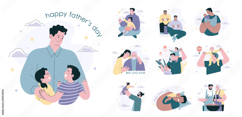 Fototapeta premium Happy Father's Day set. Dad and child spending time together. Fatherhood