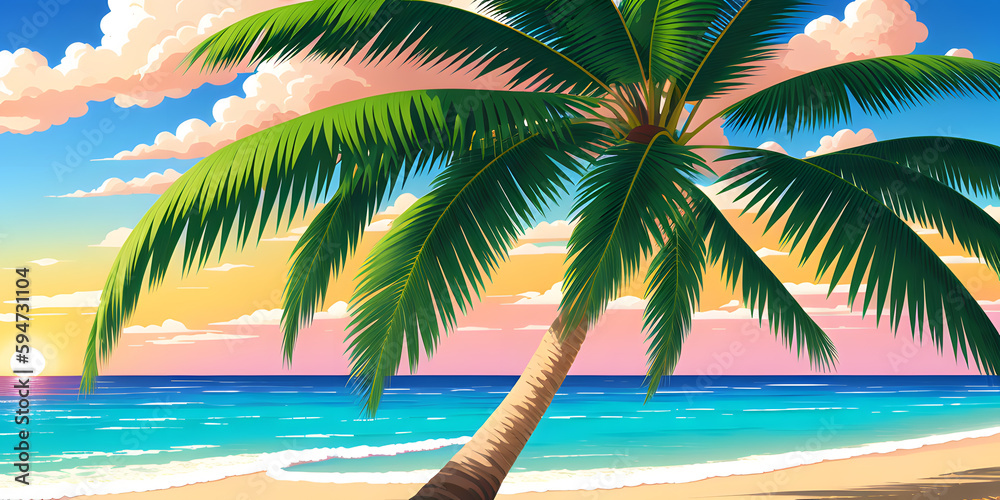 Coconut palm trees on the sandy beach. Tropical beach with palm tree and sunset sky. Generative AI technology.