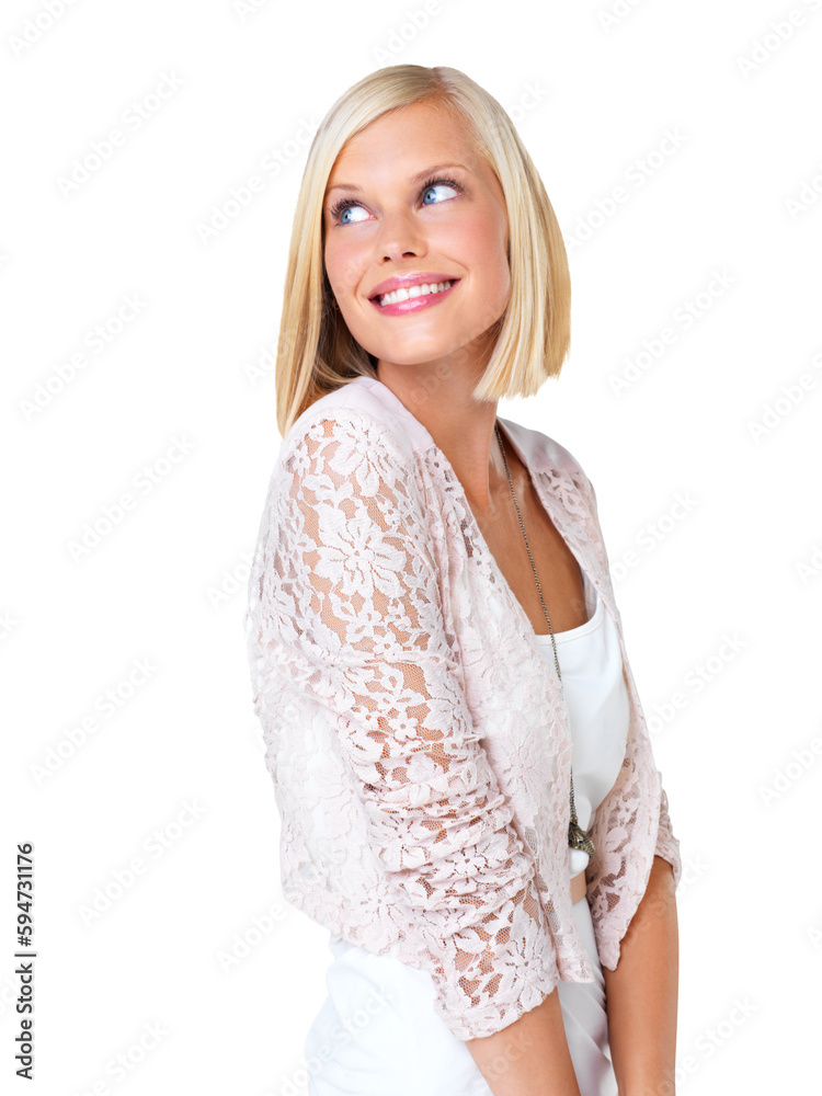 Thinking, happy and smile by woman in studio for fashion, style and glamour isolated on transparent png background. Contemplating, emoji and confident girl pose, good mood and stylish or fashionable Thinking, happy and smile by woman in studio for fashion, style and glamour isolated on transparent png background. Contemplating, emoji and confident girl pose, good mood and stylish or fashionable