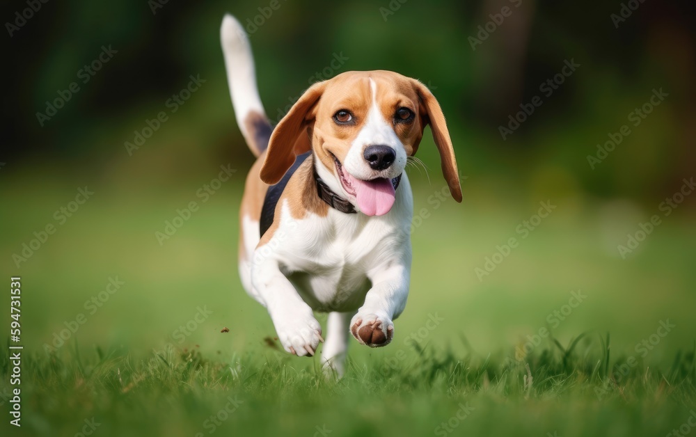 Little beagle in collar running on green on blurred background, Generative AI