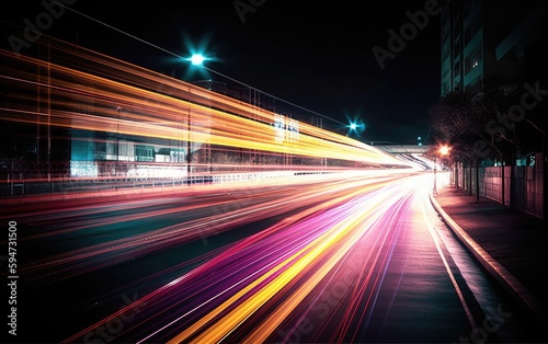Abstract long exposure dynamic speed light trails in an urban environment, Generative AI