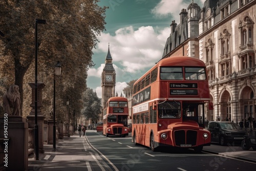 Two red double decker buses are driving on the street near big ben on London Bridge, Generative AI