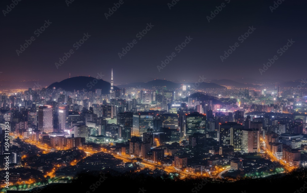 Downtown cityscape at night in seoul, south korea, Generative AI