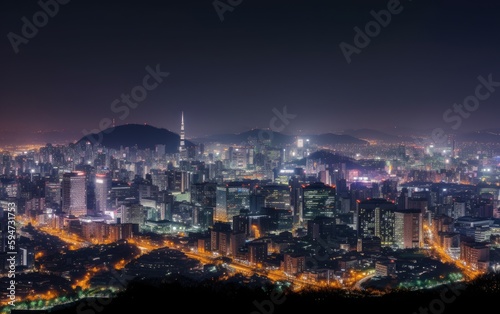 Downtown cityscape at night in seoul, south korea, Generative AI