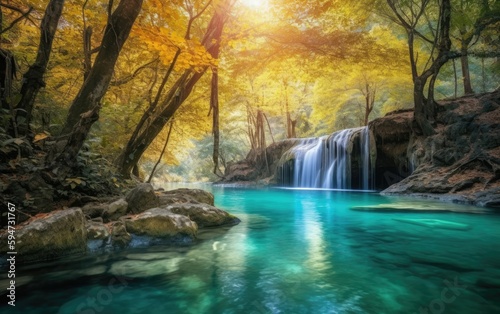 Erawan waterfall in autumn  thailand. beautiful waterfall with emerald pool in nature  Generative AI
