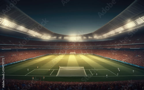 Universal grass stadium illuminated by spotlights and empty green grass playground  Generative AI