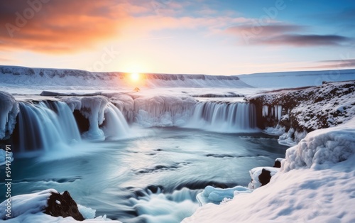 Godafoss waterfall at sunset in winter  iceland  Generative AI