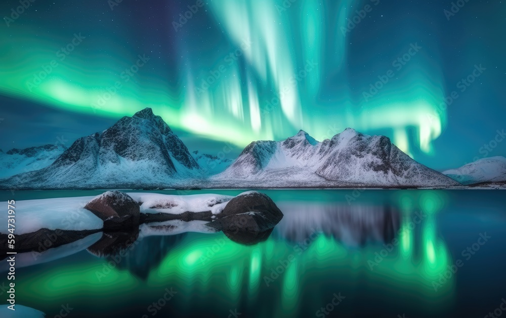 Aurora borealis above the snow covered mountains in Lofoten islands, Norway. Northern lights in winter. Night landscape with polar lights, Generative AI