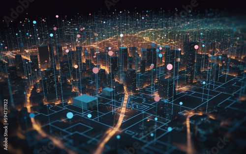 High tech data network color grids over miniature cityscape with cinematic coloring created  Generative AI