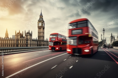 Two red double decker buses are driving on the street near big ben on London Bridge  Generative AI