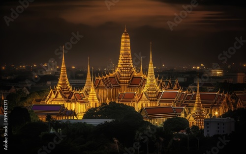 Wat Phra Kaew, Temple of the Emerald Buddha and Grand Palace at twilight in Bangkok, Thailand, Generative AI