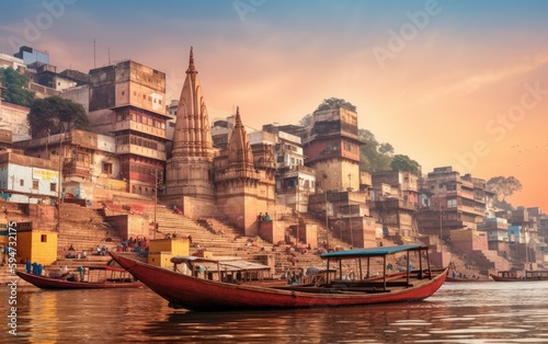 Varanasi city with ancient architecture. View of the holy Manikarnika ghat at Varanasi India at sunset, Generative AI