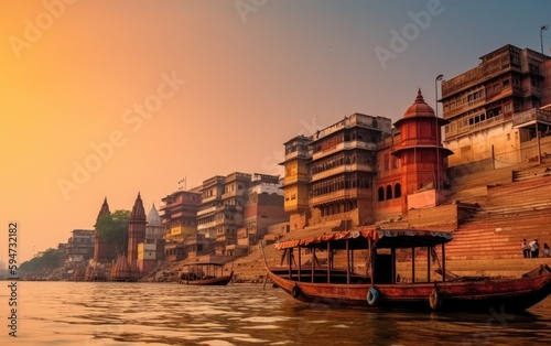 Varanasi city with ancient architecture. View of the holy Manikarnika ghat at Varanasi India at sunset, Generative AI photo