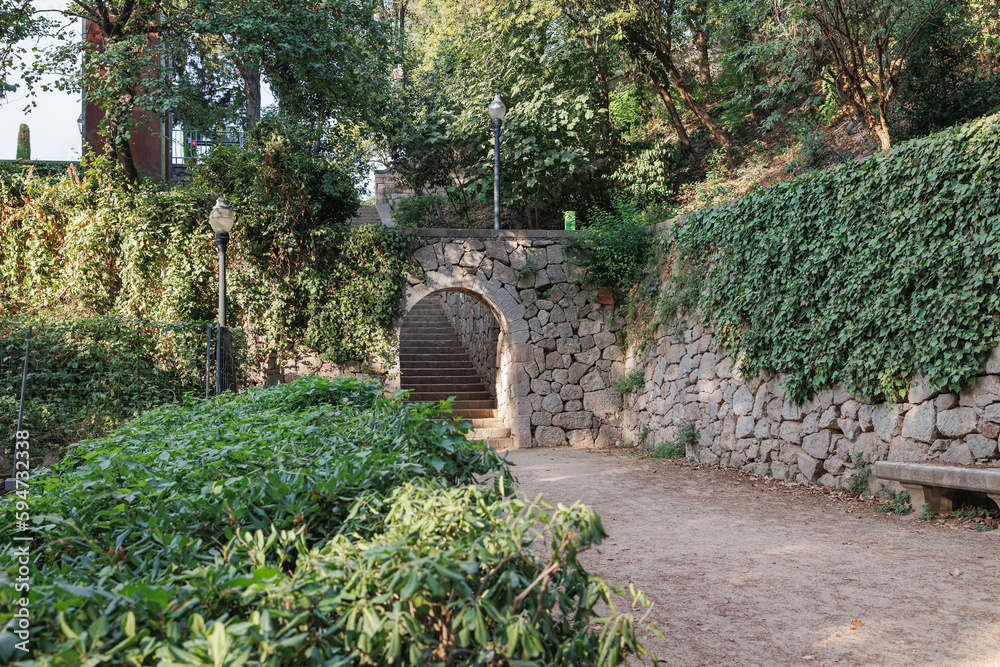 Masonry Archway and Staircase inside Montjuic Garden Public Park, Barcelona, Spain