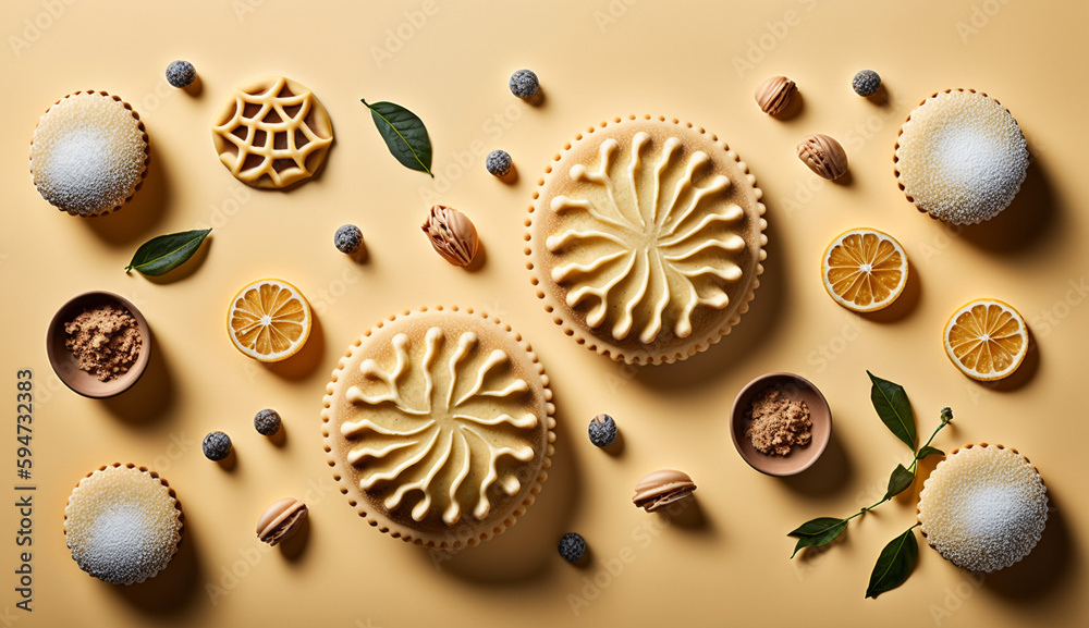 Stylish flat lay of short pastry pies, a composition of decorated little cakes and cookies on top of a table with ornamental cook ingredients, mint, berries. sweet food patisserie presentation. Stylish flat lay of short pastry pies, a composition of decorated little cakes and cookies on top of a table with ornamental cook ingredients, mint, berries. sweet food patisserie presentation.