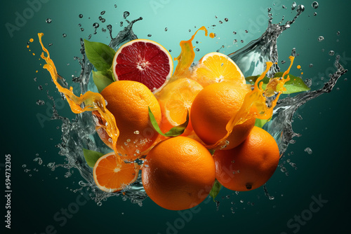 Orange in water splash, a group of oranges splashing into a bowl of water. AI generative digital art, cool marketing photo, water particules, close up food photography, poster shot.