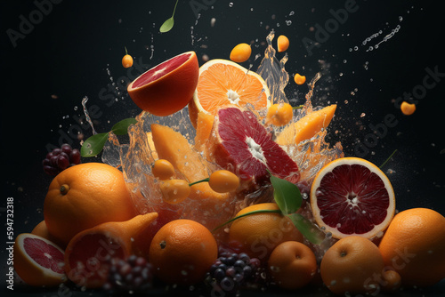 Orange in water splash  a group of oranges splashing into a bowl of water. AI generative digital art  cool marketing photo  water particules  close up food photography  poster shot.