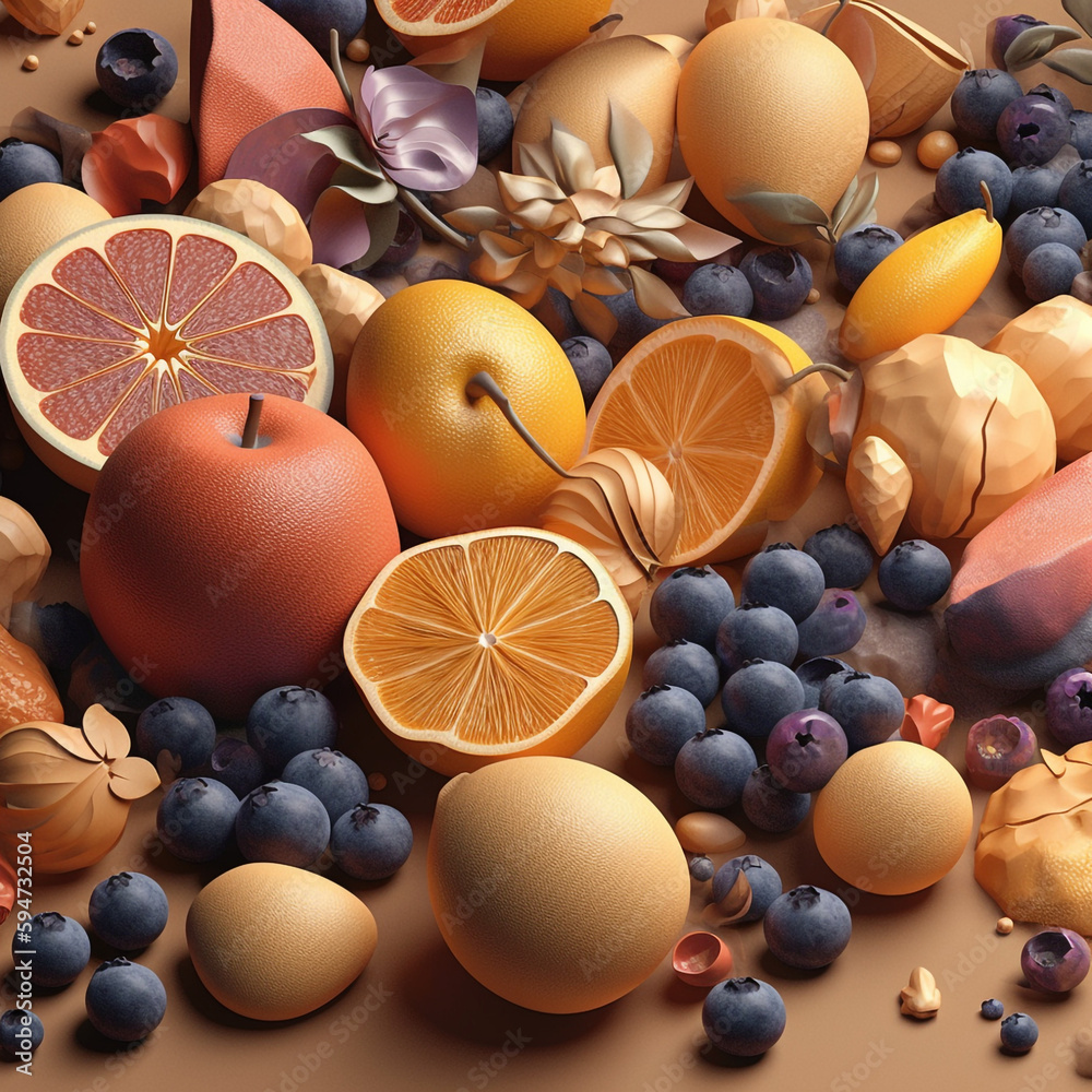AI generative illustration of food. 3d digital render with fruits and ...