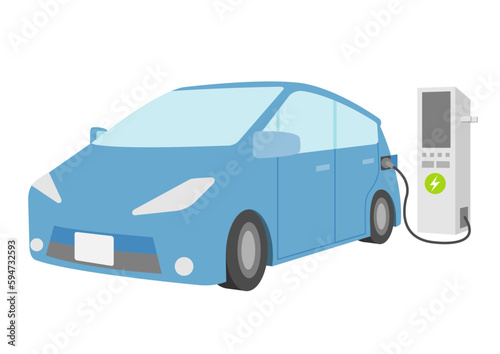 充電中の青い電気自動車のイラスト_4
