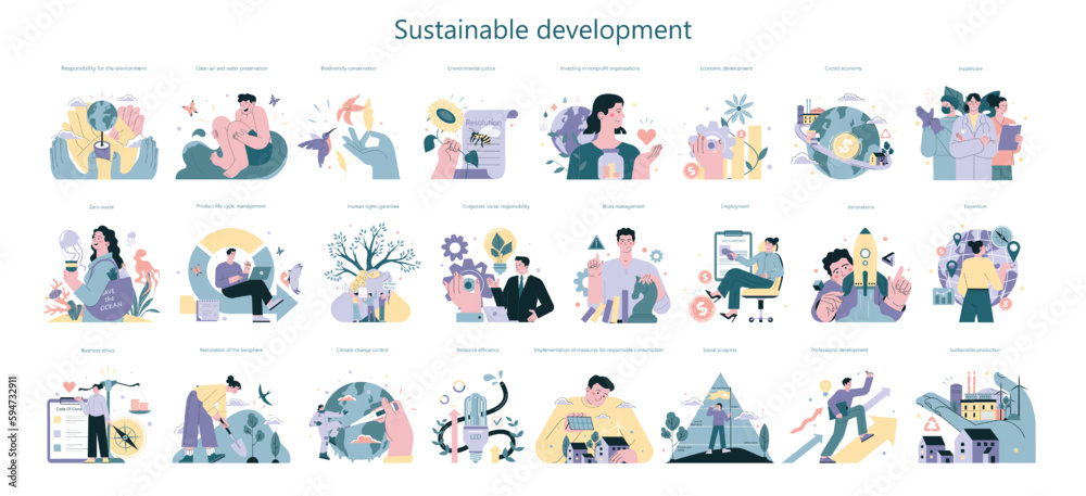 Sustainability concept set. Environmental protection and social responsibility - obrazy, fototapety, plakaty 