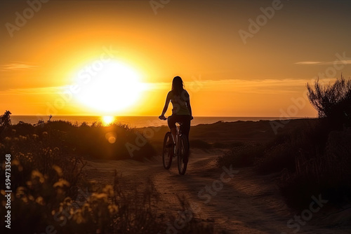 Biker Silhouette: Capturing a Cyclist Against a Radiant Sunset. Generative AI © Fabrizio