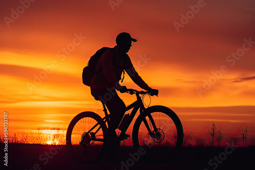 Biker Silhouette: Capturing a Cyclist Against a Radiant Sunset. Generative AI