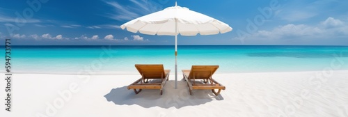 Beach chairs and an umbrella on a sandy beach, evoking a sense of relaxation and leisure. generative ai