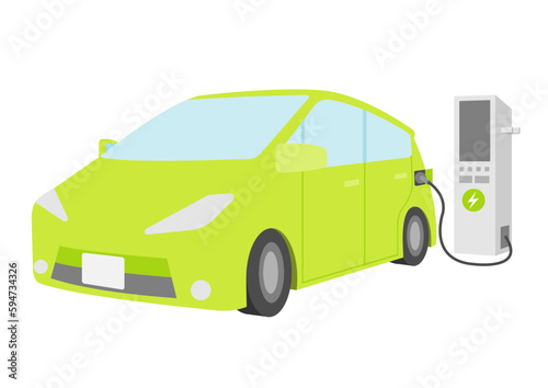 充電中の緑色の電気自動車のイラスト_4
