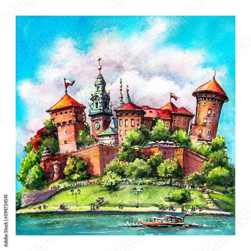 Watercolor sketch of Wawel Castle on Wawel Hill as seen from the Vistula, Krakow, Poland