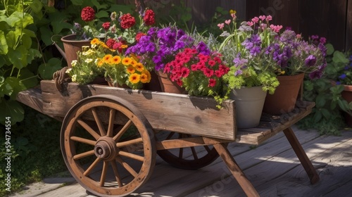 Colorful Potted Flowers in Wooden Wheelbarrow with Neatly Arranged Gardening Tools in Charming Garden Shed - Generative AI
