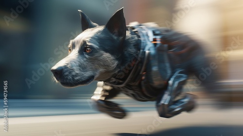 Fast moving in city running dog. Close-up, blurred motion. AI generated