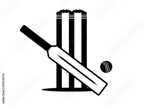 Cricket bat, ball, stumps and bails vector icon. Transparent background. Vector Illustration.